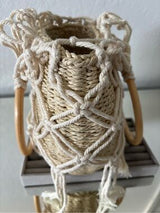 Boho Woven Straw Basket Bag Macrame Wood Ring Handle Beach Tote Cream Tan