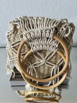 Boho Woven Straw Basket Bag Macrame Wood Ring Handle Beach Tote Cream Tan