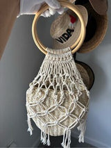 Boho Woven Straw Basket Bag Macrame Wood Ring Handle Beach Tote Cream Tan