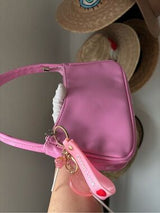 Y2K Pink Patent Shoulder Bag w/ Kawaii Charm Baguette Purse Cute Glossy