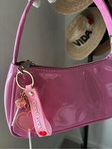 Y2K Pink Patent Shoulder Bag w/ Kawaii Charm Baguette Purse Cute Glossy