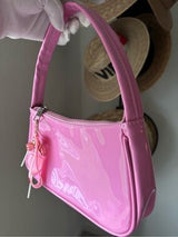 Y2K Pink Patent Shoulder Bag w/ Kawaii Charm Baguette Purse Cute Glossy