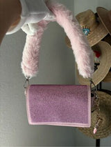 Pink Rhinestone Faux Fur Shoulder Bag Y2K Barbiecore Glam Purse w Charm
