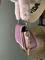 Pink Rhinestone Faux Fur Shoulder Bag Y2K Barbiecore Glam Purse w Charm
