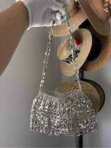 NWT Silver Metallic Beaded Mini Shoulder Bag Y2K Party Evening Purse