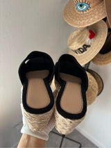 Black Espadrille Platform Slide Sandals Wedge Raffia Women’s US 8 EU 38