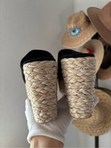 Black Espadrille Platform Slide Sandals Wedge Raffia Women’s US 8 EU 38