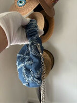 Denim Crescent Shoulder Bag Blue Frayed Crossbody Chain Purse Y2K Boho Chic