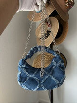 Denim Crescent Shoulder Bag Blue Frayed Crossbody Chain Purse Y2K Boho Chic
