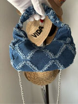 Denim Crescent Shoulder Bag Blue Frayed Crossbody Chain Purse Y2K Boho Chic