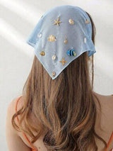 🐚 Beach Seashell Starfish Fish Embroidered Head Scarf Hair Band Blue Boho Vacay