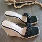 🖤🌴 Braided Espadrille Wedge Slide Sandals Black US 8