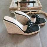 🖤🌴 Braided Espadrille Wedge Slide Sandals Black US 8