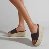 💛🖤 Espadrille Platform Wedge Slide Sandals Black/Tan - US 7.5