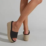💛🖤 Espadrille Platform Wedge Slide Sandals Black/Tan - US 7.5
