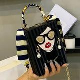 Mini Cartoon Graphic Chain Box Bag w/ Skinny Scarf – Beaded Pearl Detail 🖤🎀
