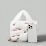 Pink Kawaii Plush Bag 🎀 Bow Accent Fashion Shoulder Square Bag 💖