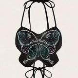 Black Rhinestone Butterfly Halter Top 🦋✨ Backless Party Crop