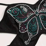 Black Rhinestone Butterfly Halter Top 🦋✨ Backless Party Crop
