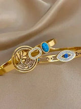 18K Gold Plated Tree of Life & Evil Eye Bangle Bracelet Set Boho Jewelry