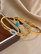 18K Gold Plated Tree of Life & Evil Eye Bangle Bracelet Set Boho Jewelry