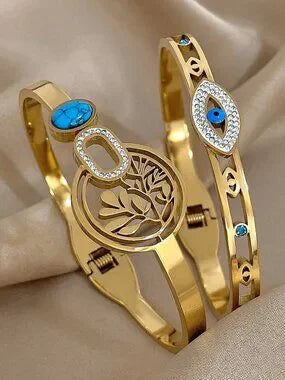 18K Gold Plated Tree of Life & Evil Eye Bangle Bracelet Set Boho Jewelry