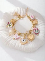 ✨ Boho Floral Charm Bracelet Faux Watch Heart Bow Gold Multicolor