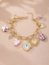 ✨ Boho Floral Charm Bracelet Faux Watch Heart Bow Gold Multicolor