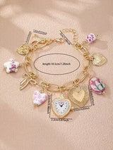 ✨ Boho Floral Charm Bracelet Faux Watch Heart Bow Gold Multicolor