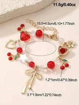 🍒 Cherry Heart Bow Charm Bracelet Gold Tone Cute Coquette