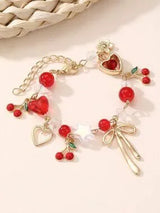 🍒 Cherry Heart Bow Charm Bracelet Gold Tone Cute Coquette
