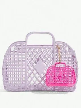 Mauve Purple Hollow Mesh Top Handle Bag With Mini Charm