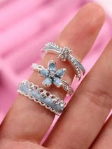 3pcs Blue Flower Rings Set Zirconia Enamel Cute Romantic Gift Jewelry