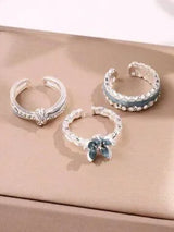3pcs Blue Flower Rings Set Zirconia Enamel Cute Romantic Gift Jewelry