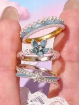 3pcs Blue Flower Rings Set Zirconia Enamel Cute Romantic Gift Jewelry
