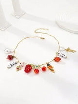 Cherry Strawberry Charm Necklace Bow Pearl Fruit Pendant Jewelry