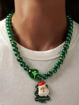 Christmas Green Pearl Necklace Santa Reindeer Tree Holiday Jew