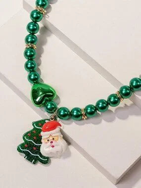 Christmas Green Pearl Necklace Santa Reindeer Tree Holiday Jew