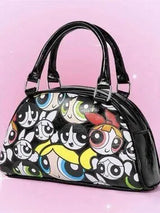 Powerpuff Girls Black Glossy Satchel Cartoon Print Top Handle Bag