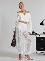 White Sheer Lace Bubble Hem Pants Women Vacation Joggers XS