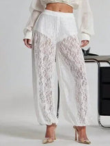 White Sheer Lace Bubble Hem Pants Women Vacation Joggers XS