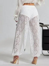 White Sheer Lace Bubble Hem Pants Women Vacation Joggers XS