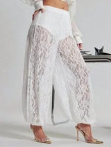 White Sheer Lace Bubble Hem Pants Women Vacation Joggers XS