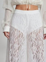 White Sheer Lace Bubble Hem Pants Women Vacation Joggers XS