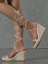 White Espadrille Wedge Sandals Tie Leg US 6.5 CN37