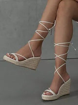 White Espadrille Wedge Sandals Tie Leg US 6.5 CN37