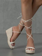 White Espadrille Wedge Sandals Tie Leg US 6.5 CN37