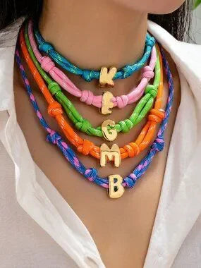 💗🌸 Pink & Baby Pink Striped Braided Initial E Necklace Gold Bubble Letter Chok