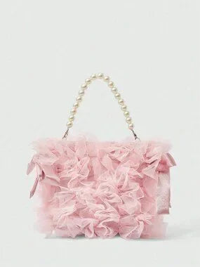 🎀💖 Pink Mesh Bow & Faux Pearl Chain Handbag