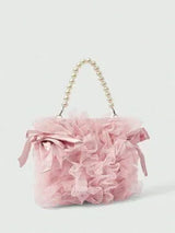🎀💖 Pink Mesh Bow & Faux Pearl Chain Handbag